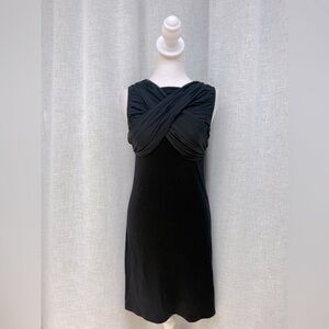 Alice + Olivia black mini wool dress with crossed silk wrap back bow top